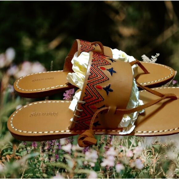 SOLUDOS | CAMEL LEATHER + SUEDE LACE DETAIL EMBROIDERED SANDALS SIZE 6 - Picture 10 of 15